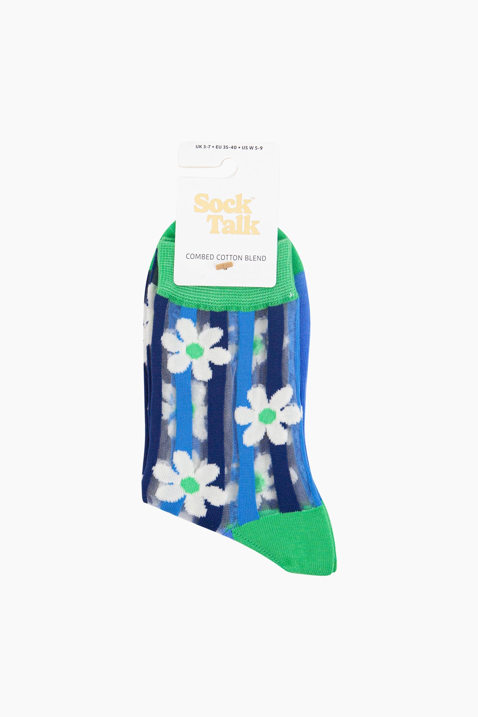 Multi Daisy Stripes Combed Cotton Sheer Pop Socks in Green, Image 4 of 4