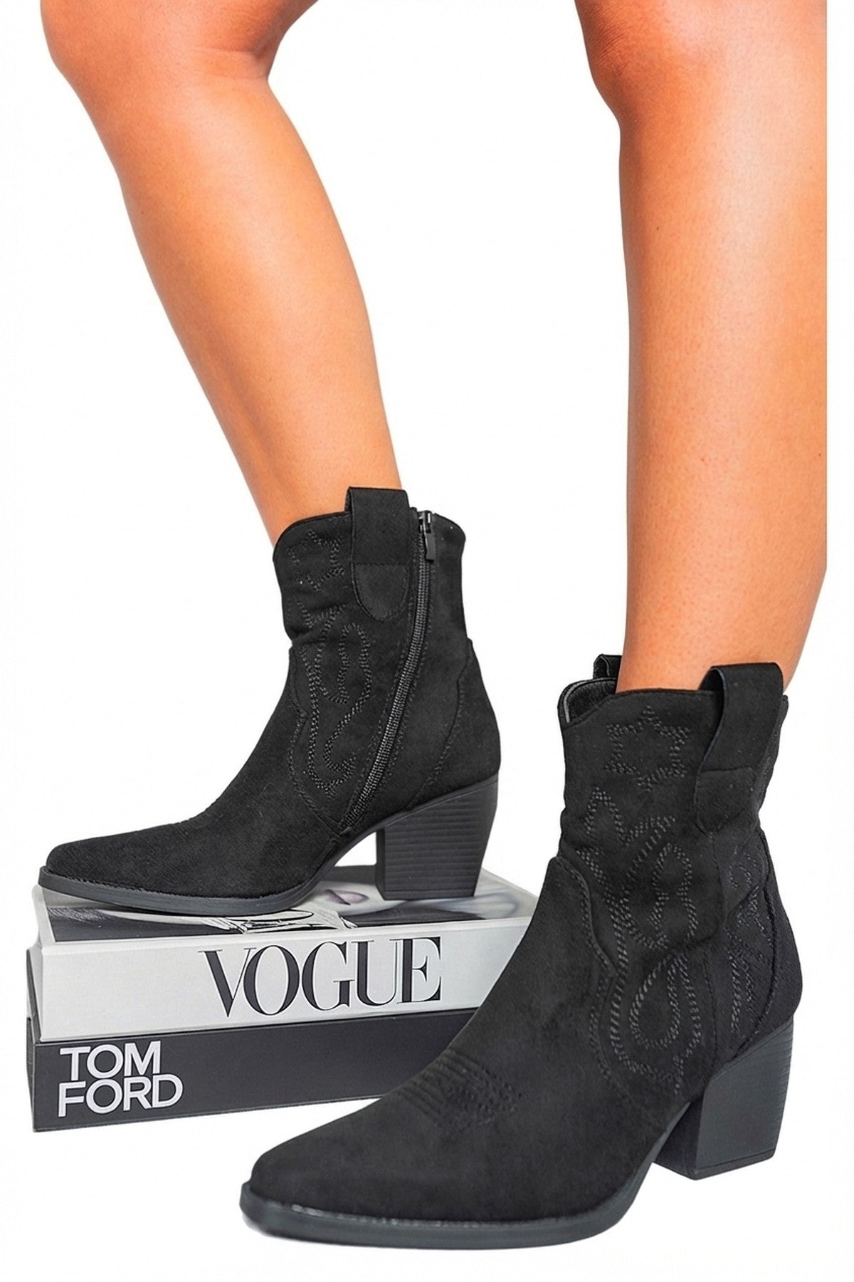 Black iKrush Black Laura Suede Cowboy Ankle Length Boots, Image 6 of 8