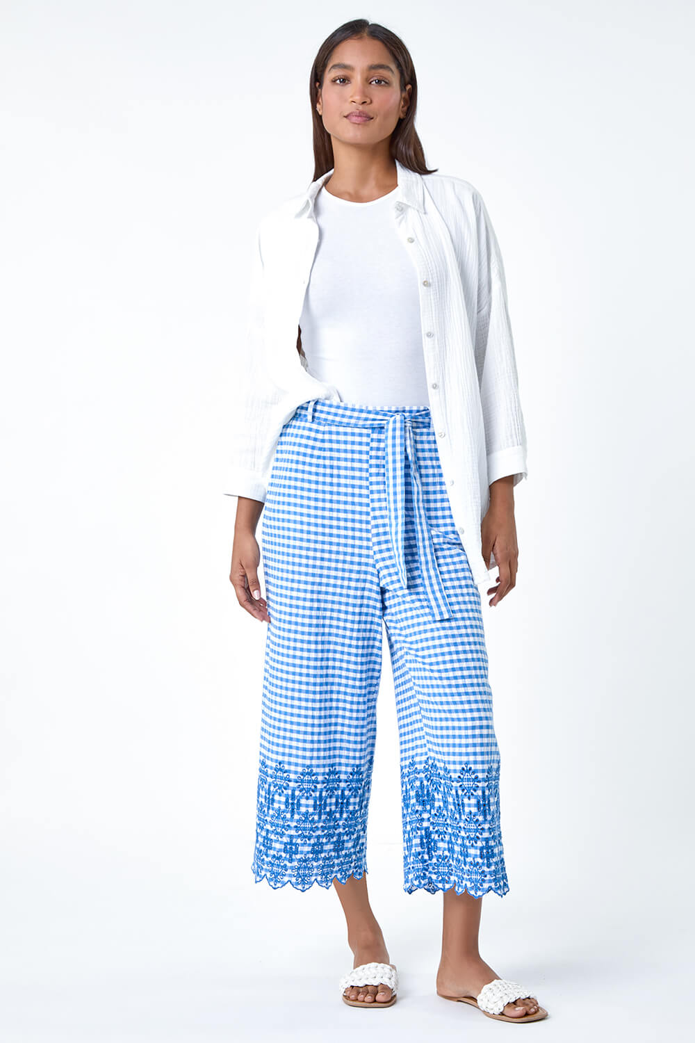 Blue Gingham Cotton Broderie Cropped Trousers, Image 3 of 5