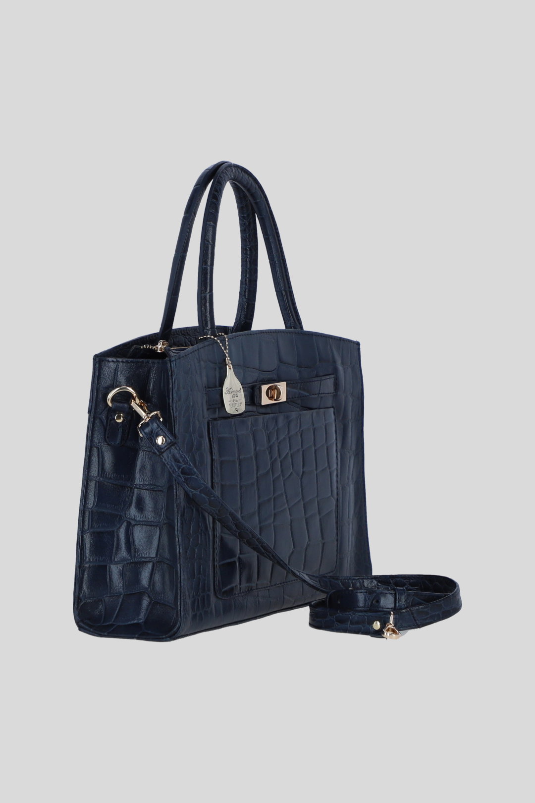 Navy Real Leather Structured Handbag with Detachable Strap, Image 4 of 4