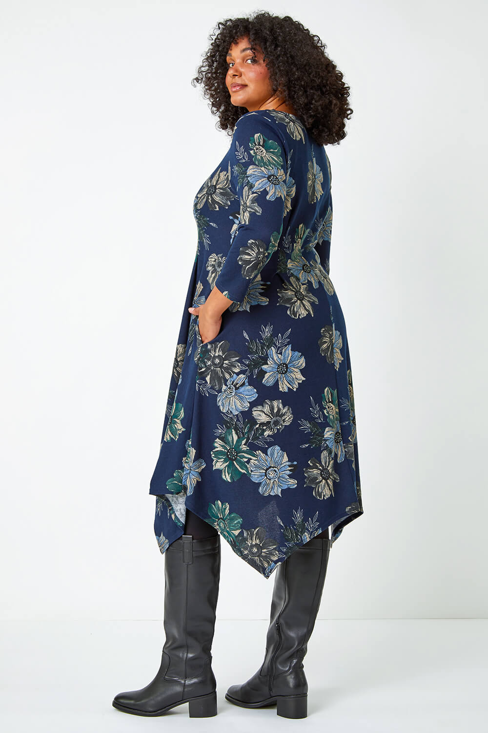 Navy Curve Floral Print Tunic Stretch Dress, Image 4 of 5