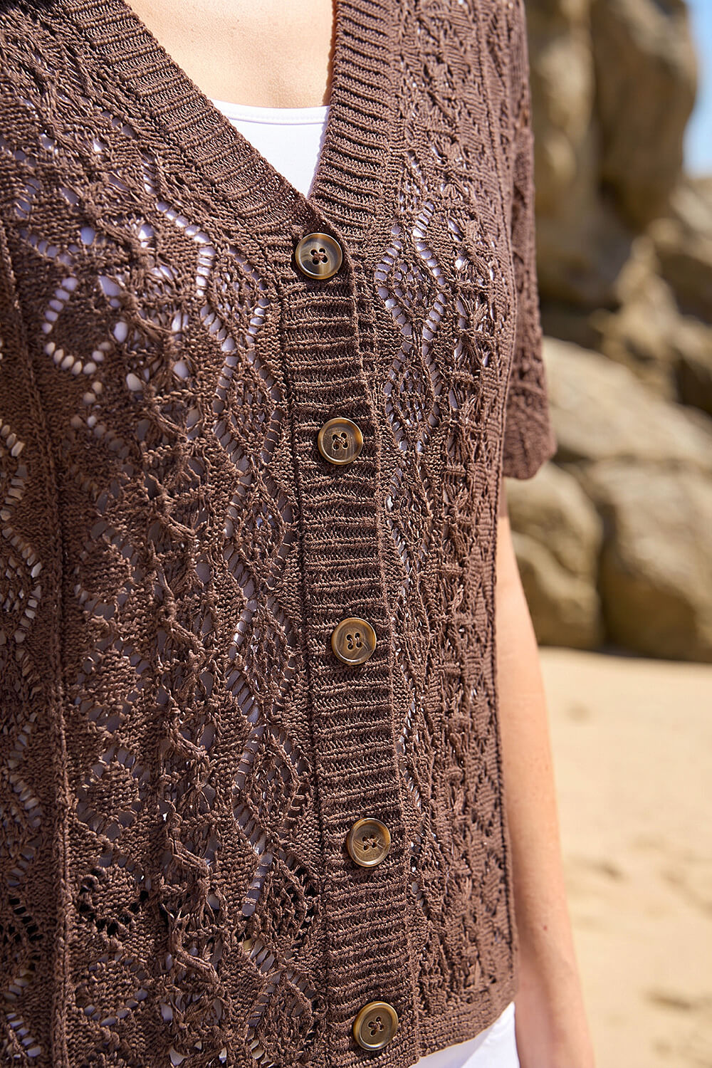 Chocolate Stitch Detail V-Neck Knit Cardigan , Image 5 of 4