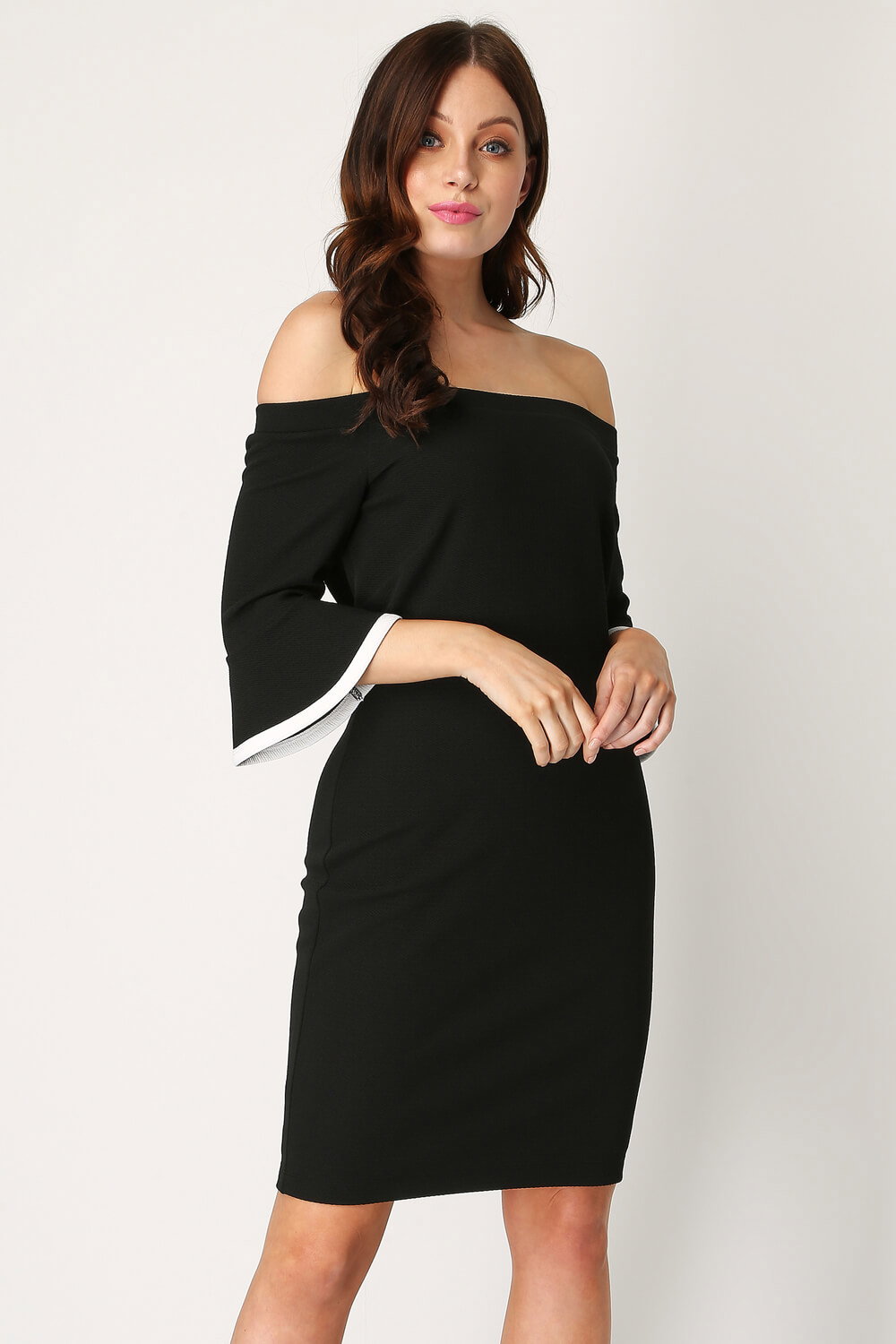 Bardot Contrast Trim Flute Sleeve Dress in Black - Roman Originals UK