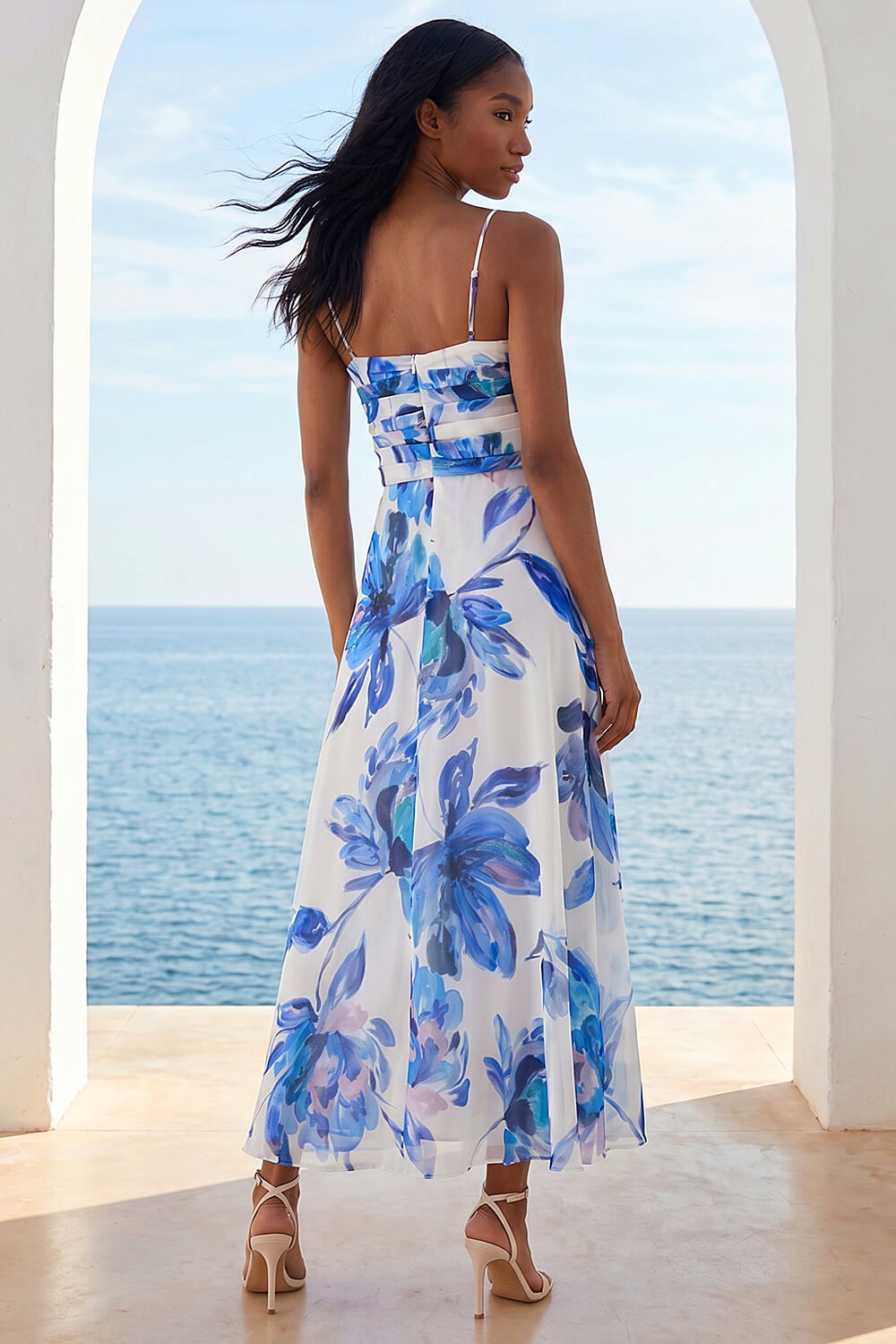 Blue Petite Floral Ruched Midi Dress , Image 3 of 4