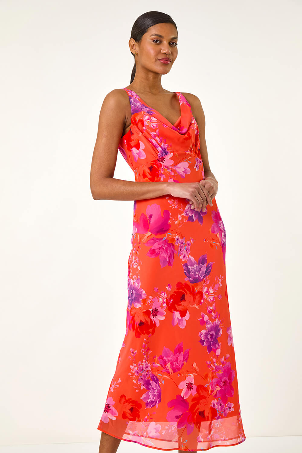 Orange Floral Cowl Neck Midi Dress, Image 3 of 5