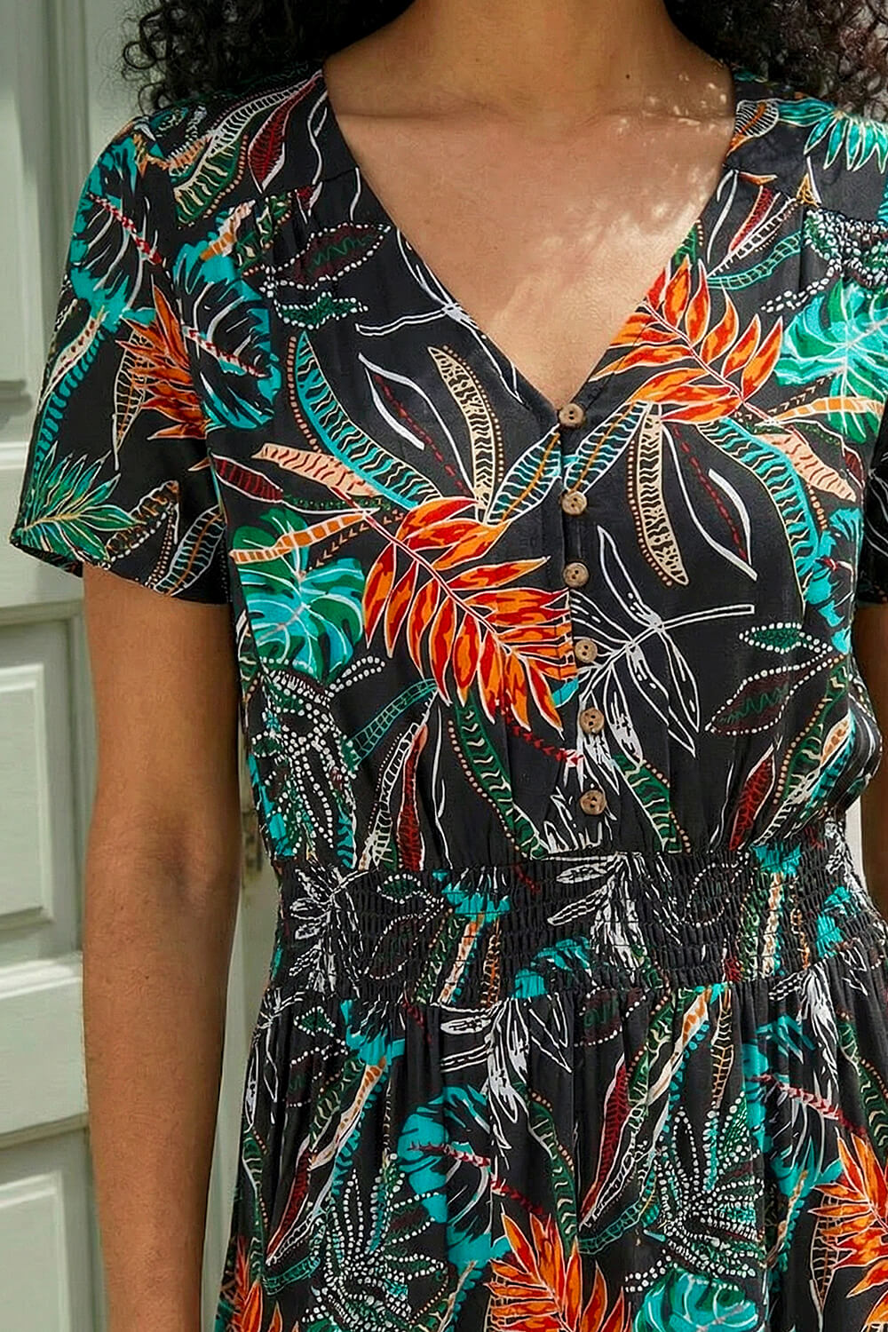 Black Leaf Print V-Neck Tiered Midi Dress , Image 5 of 4
