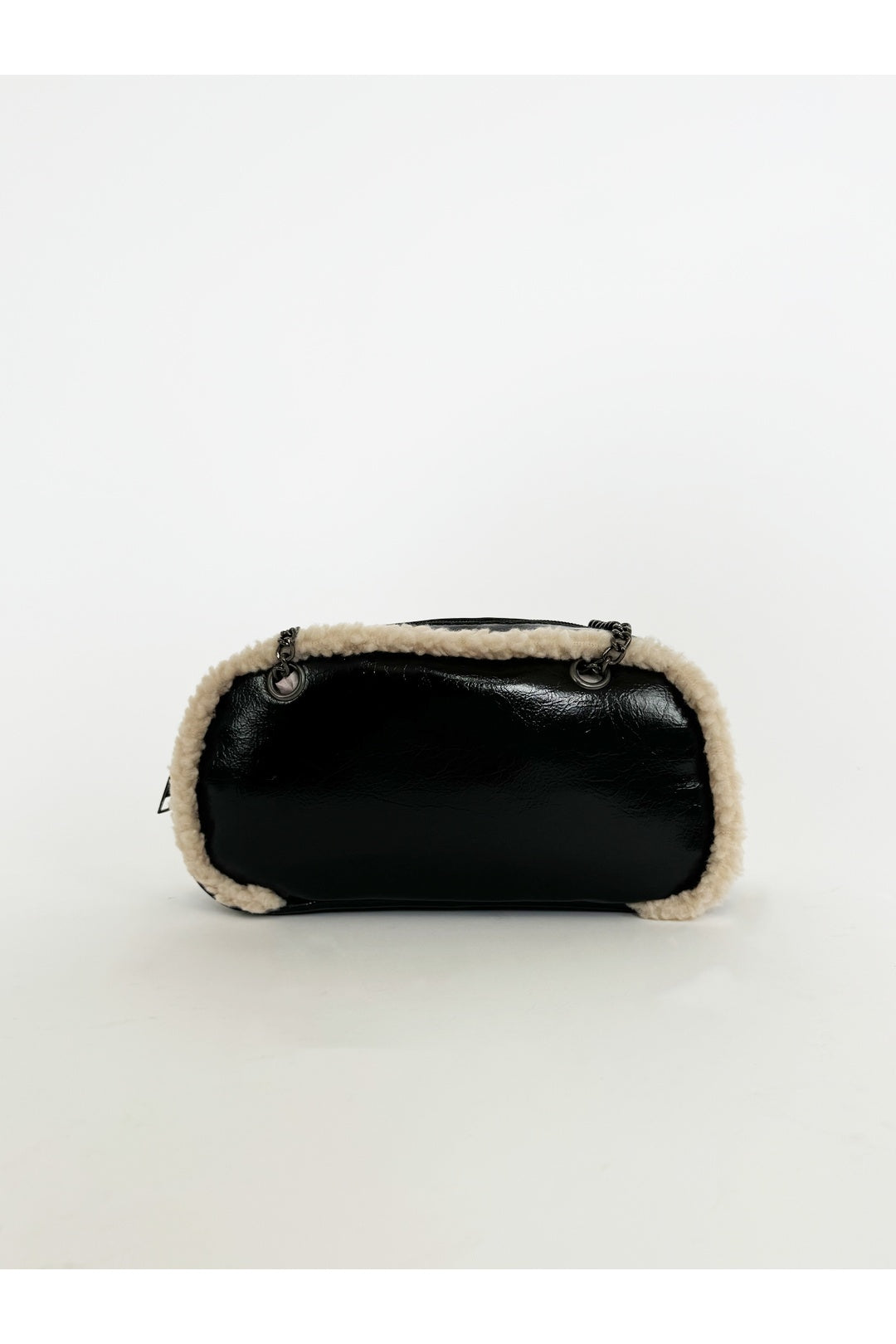 Black Patent Shoulder Bag with Borg Fur Trim, Image 6 of 6