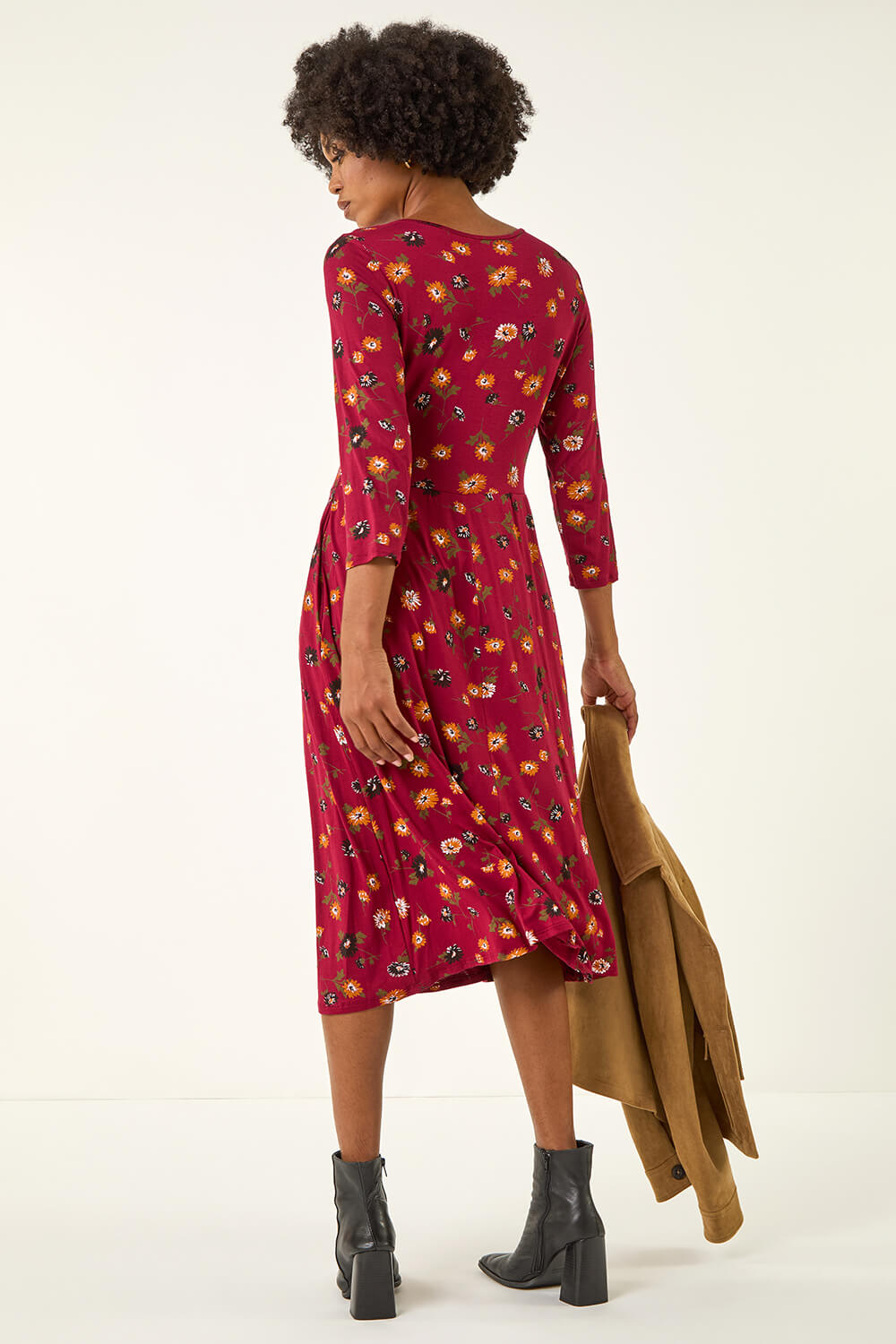 Floral Print Pocket Detail Midi Dress in Rust - Roman Originals UK
