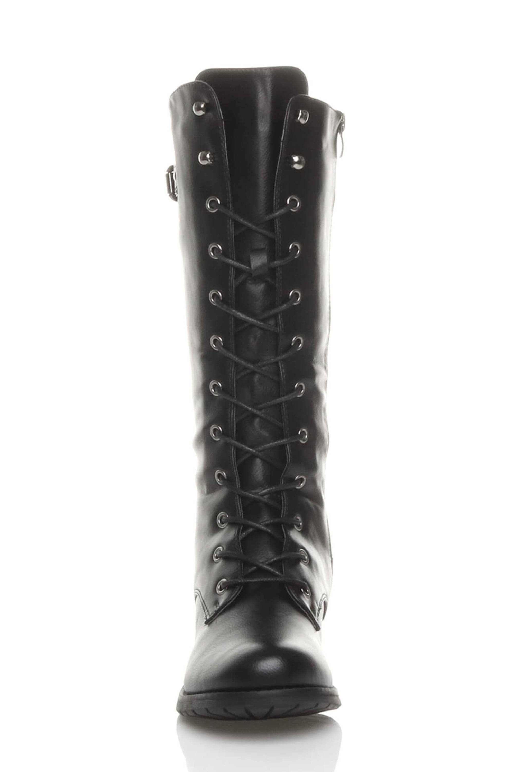 Black Lace Up Calf Military Biker Boots, Image 6 of 6
