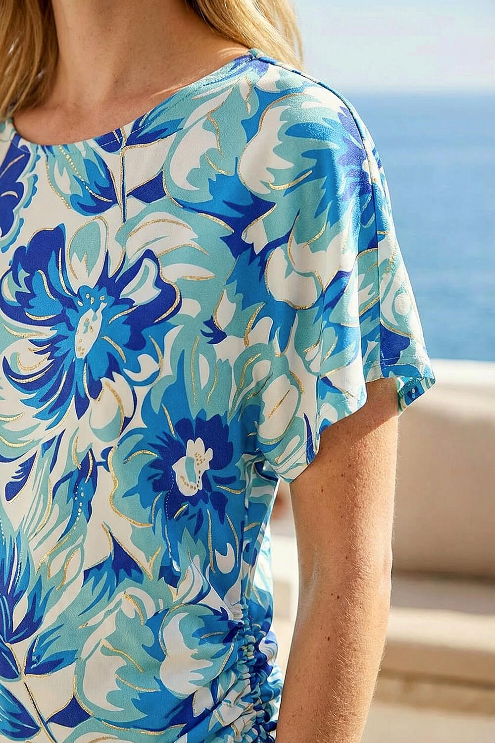 Blue Abstract Ruched Side Stretch Top, Image 5 of 4