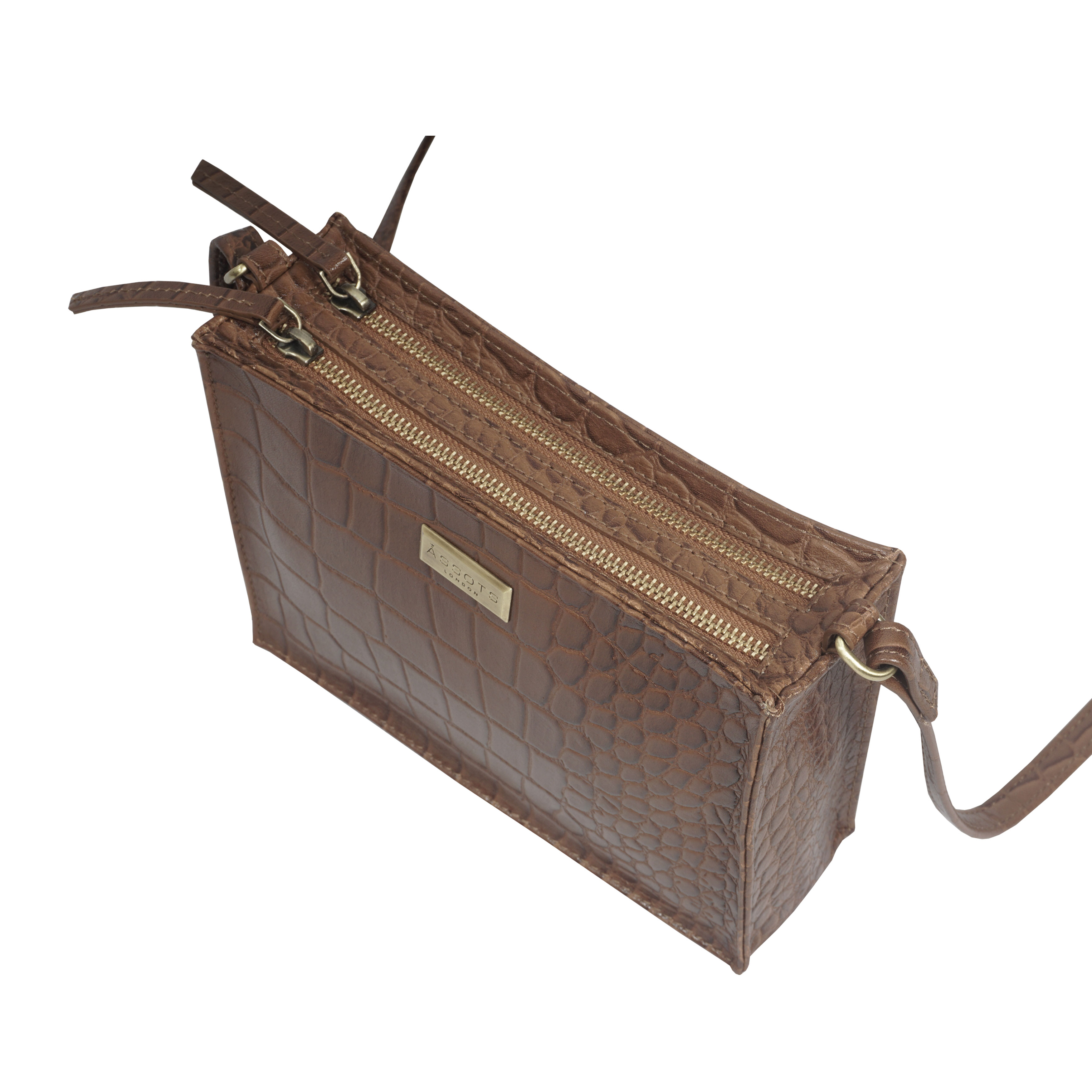 Tan 'SUSAN' Croc Real Leather Rectangle Box Crossbody Bag, Image 3 of 5