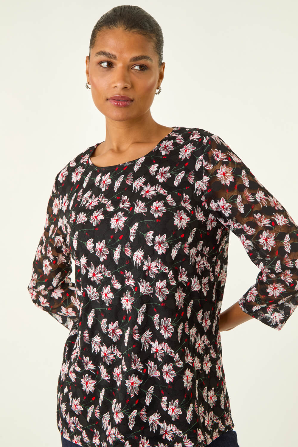 Black Floral Print Stretch Lace Top, Image 1 of 5