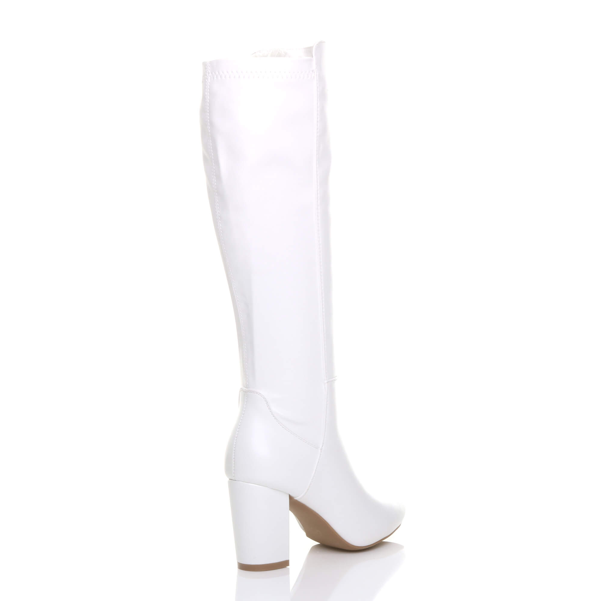 White High Block Heel Stretchy Calf Boots, Image 4 of 5