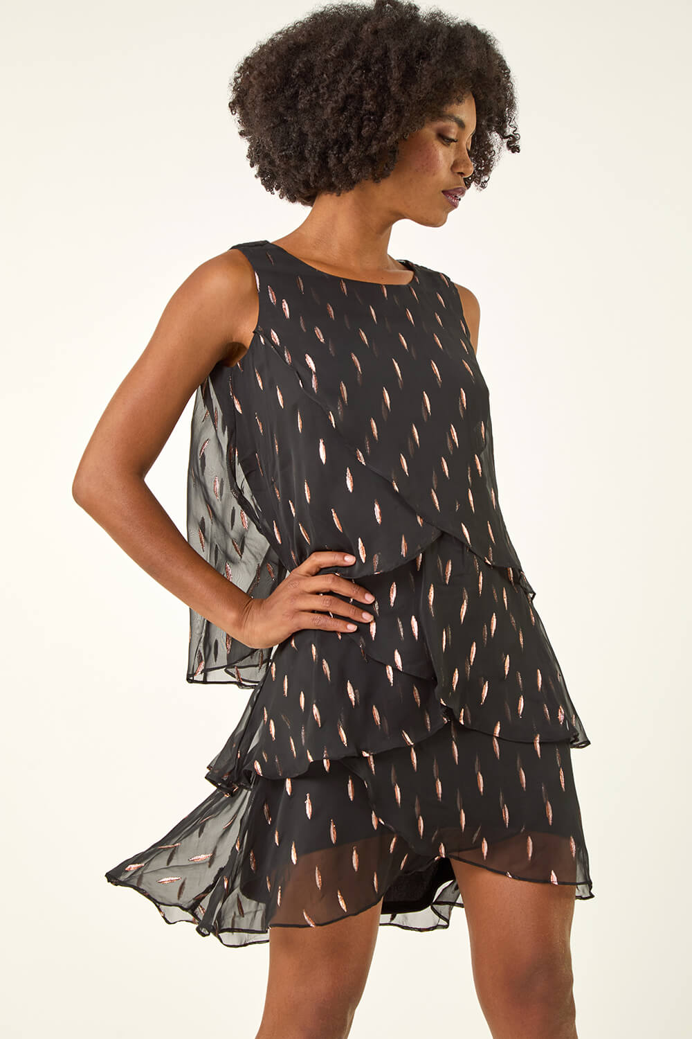 Black Shimmer Foil Print Tiered Dress, Image 3 of 6