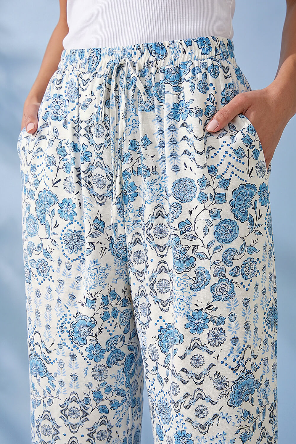 Blue Petite Printed Cropped Trousers, Image 5 of 4