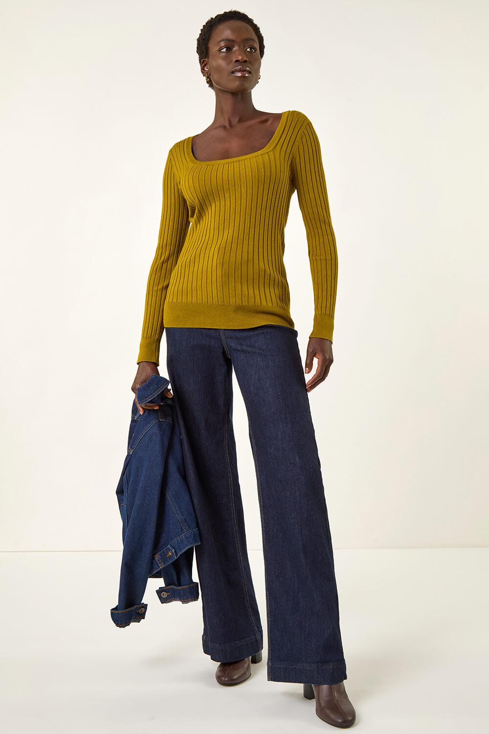 Olive Square Neck Ribbed Knit Jumper, Image 3 of 5