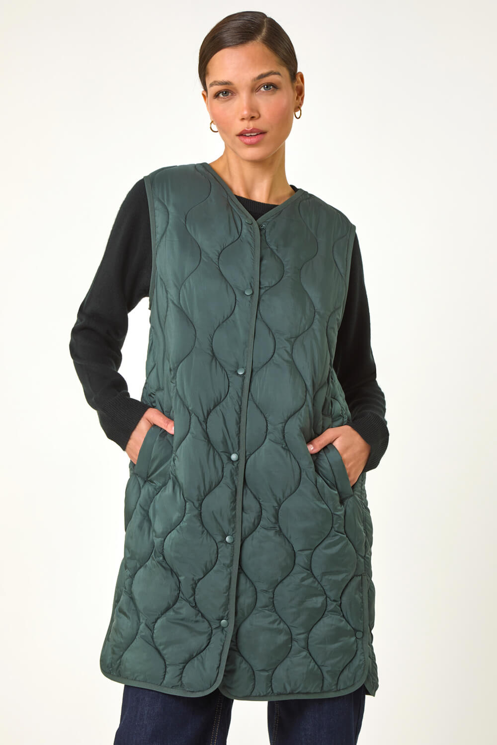 Forest Green Quilted Collarless Button Detail Gilet, Image 5 of 6