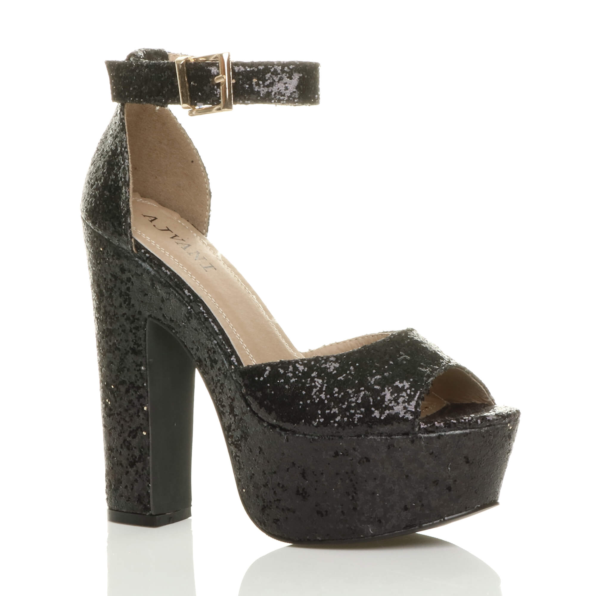 Black AJVANI Black Glitter Ankle Strap Peep Toe Platform High Heels, Image 1 of 8