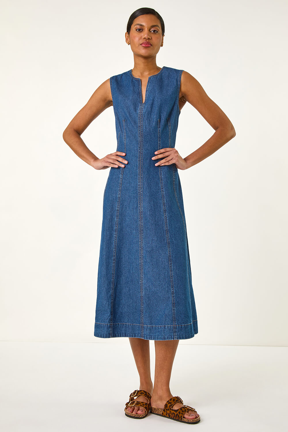 Denim Panel Detail Midi Dress, Image 3 of 7