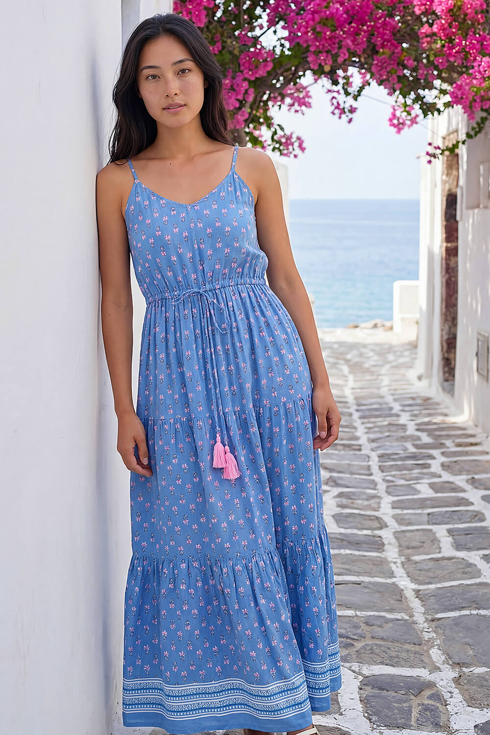 Blue Petite Abstract Print Strappy Maxi Dress, Image 3 of 4
