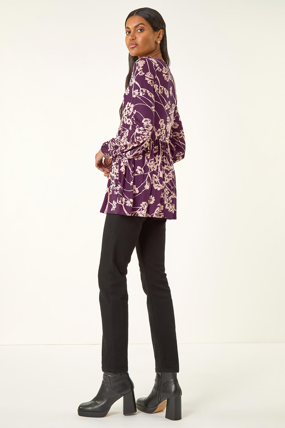 Purple Floral Print Tie Front Stretch Top, Image 4 of 5