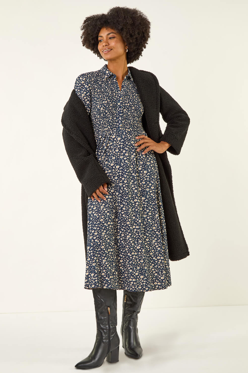 Navy  Ditsy Floral Print Shirred Midi Dress, Image 1 of 5
