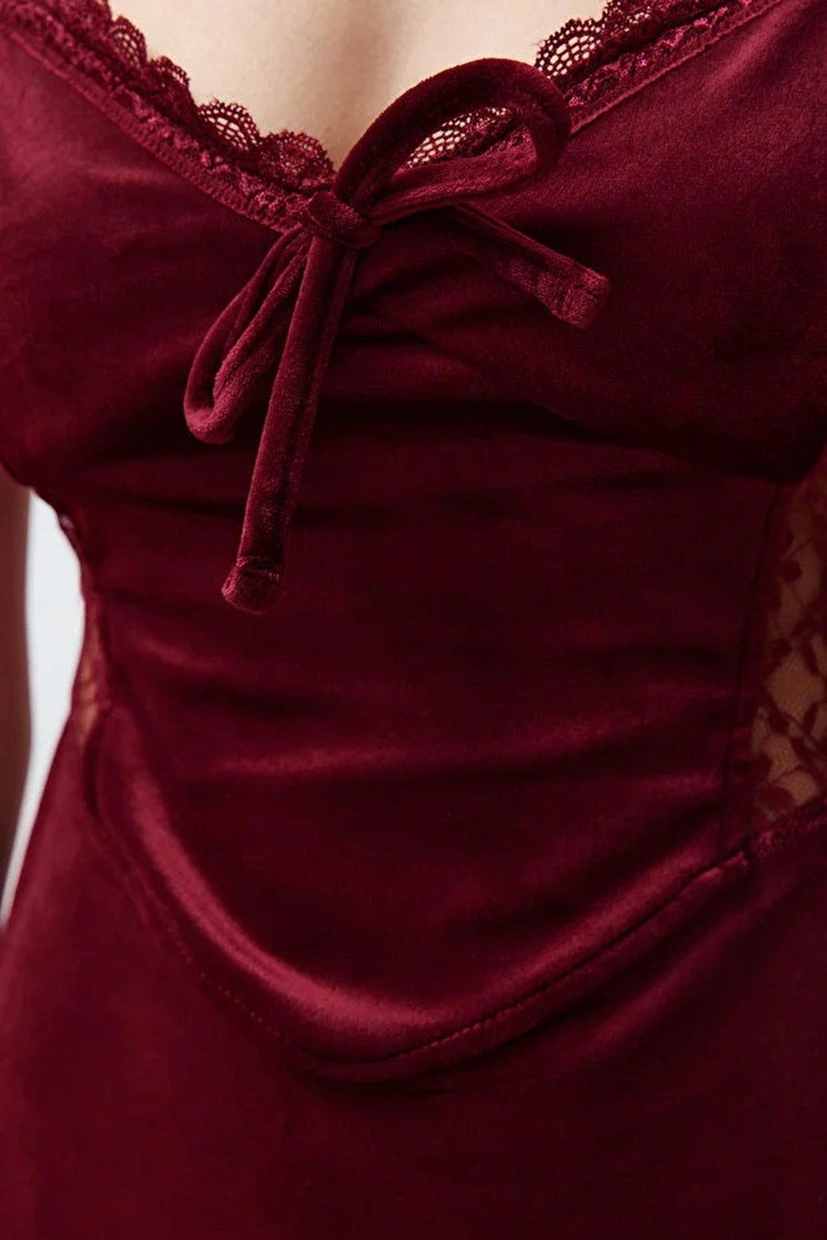 Burgundy WOVCOR Burgundy Lace Trim Tie Front Velvet Strappy Mini Nightdress, Image 2 of 3