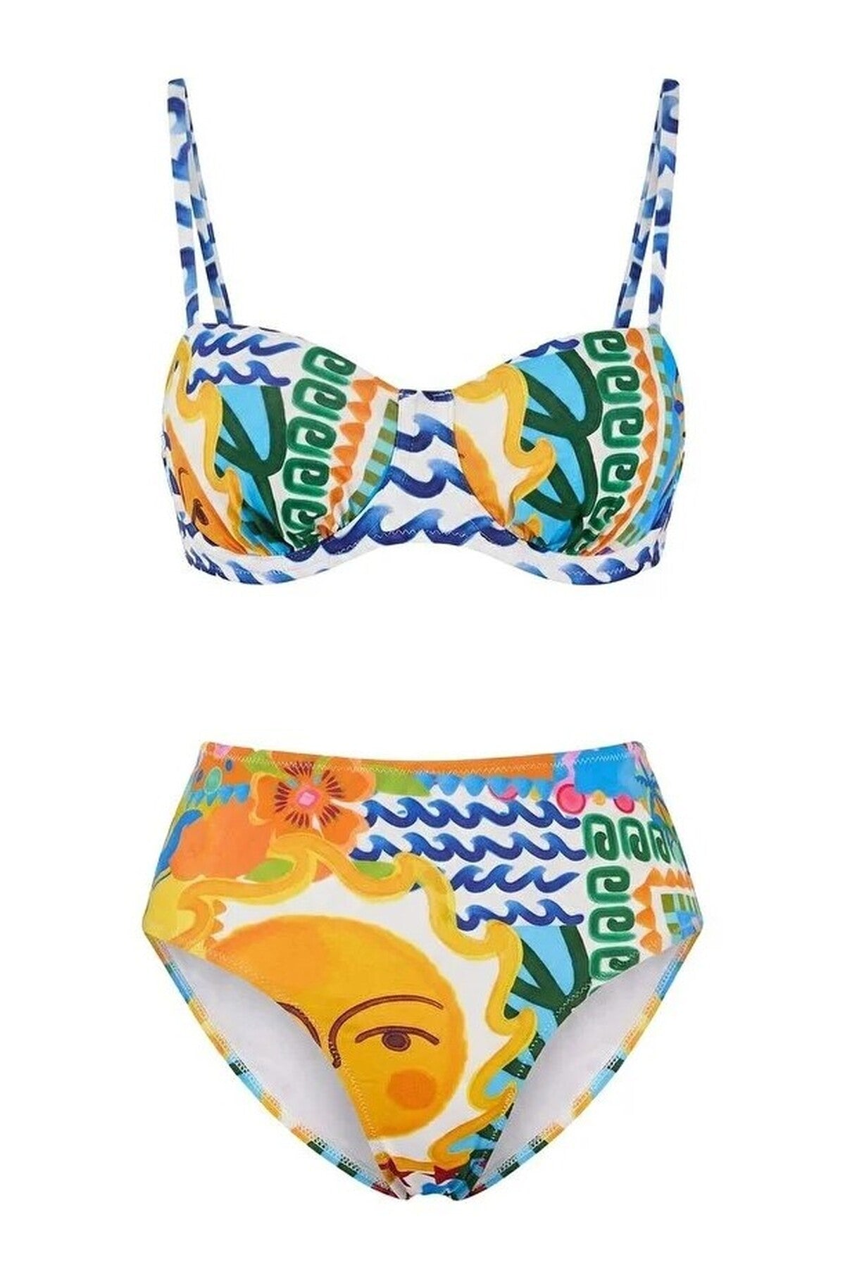Multi WOVCOR Multi Tropical Print Balconette Bikini Set with High Waist Bottoms, Image 2 of 4