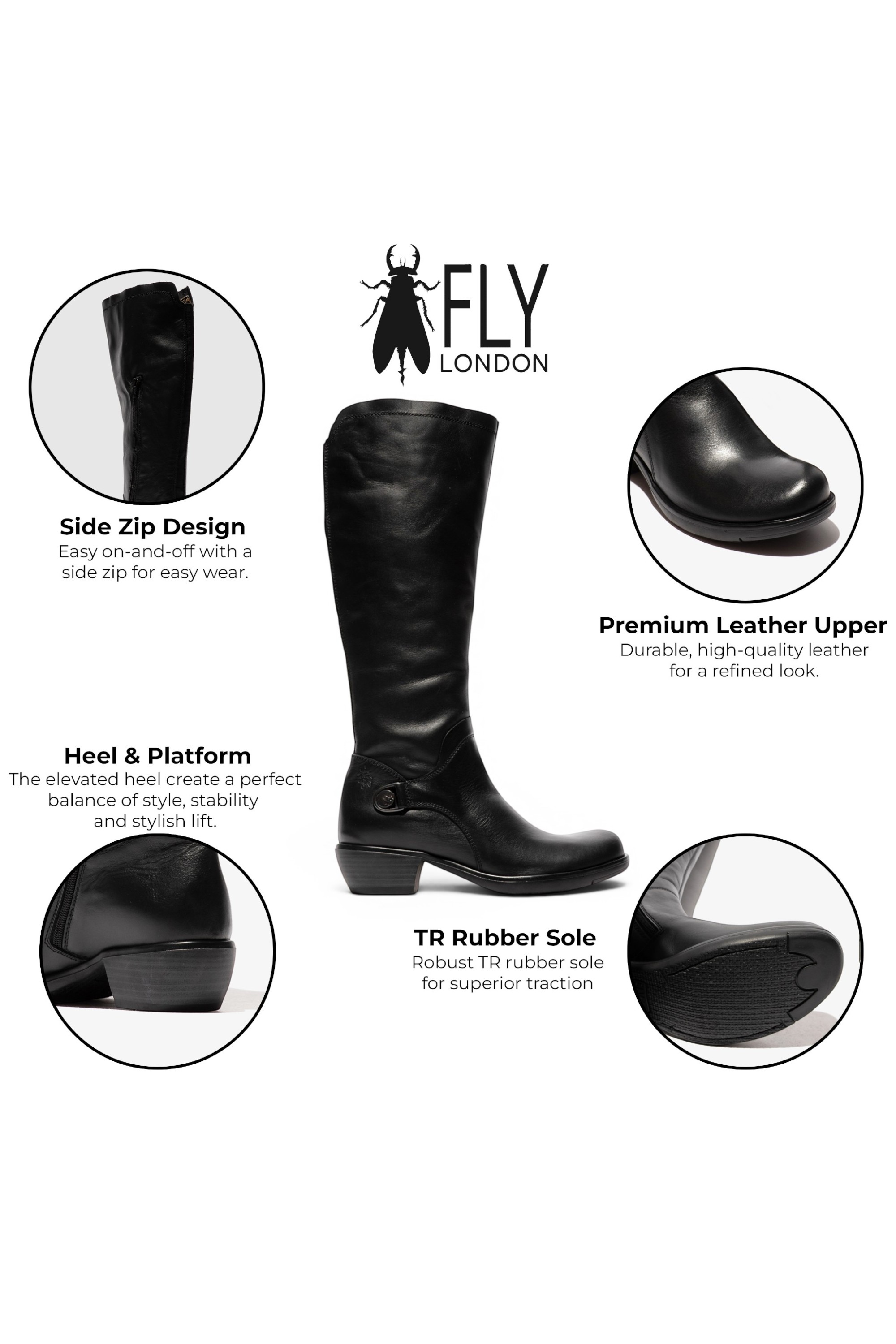 Black Womens Leather Riding Long Boots-MISTRY, Image 3 of 5