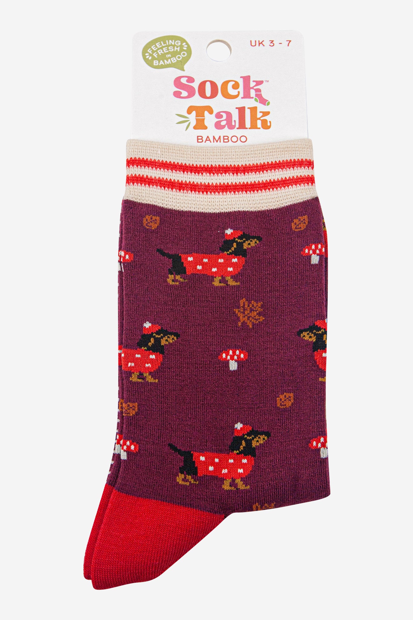 Burgundy Sausage Dogs Toadstools Bamboo Socks, Image 4 of 4