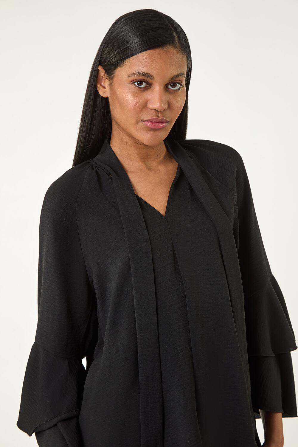 Black Frilled Sleeve Tie Front Top, Image 5 of 5