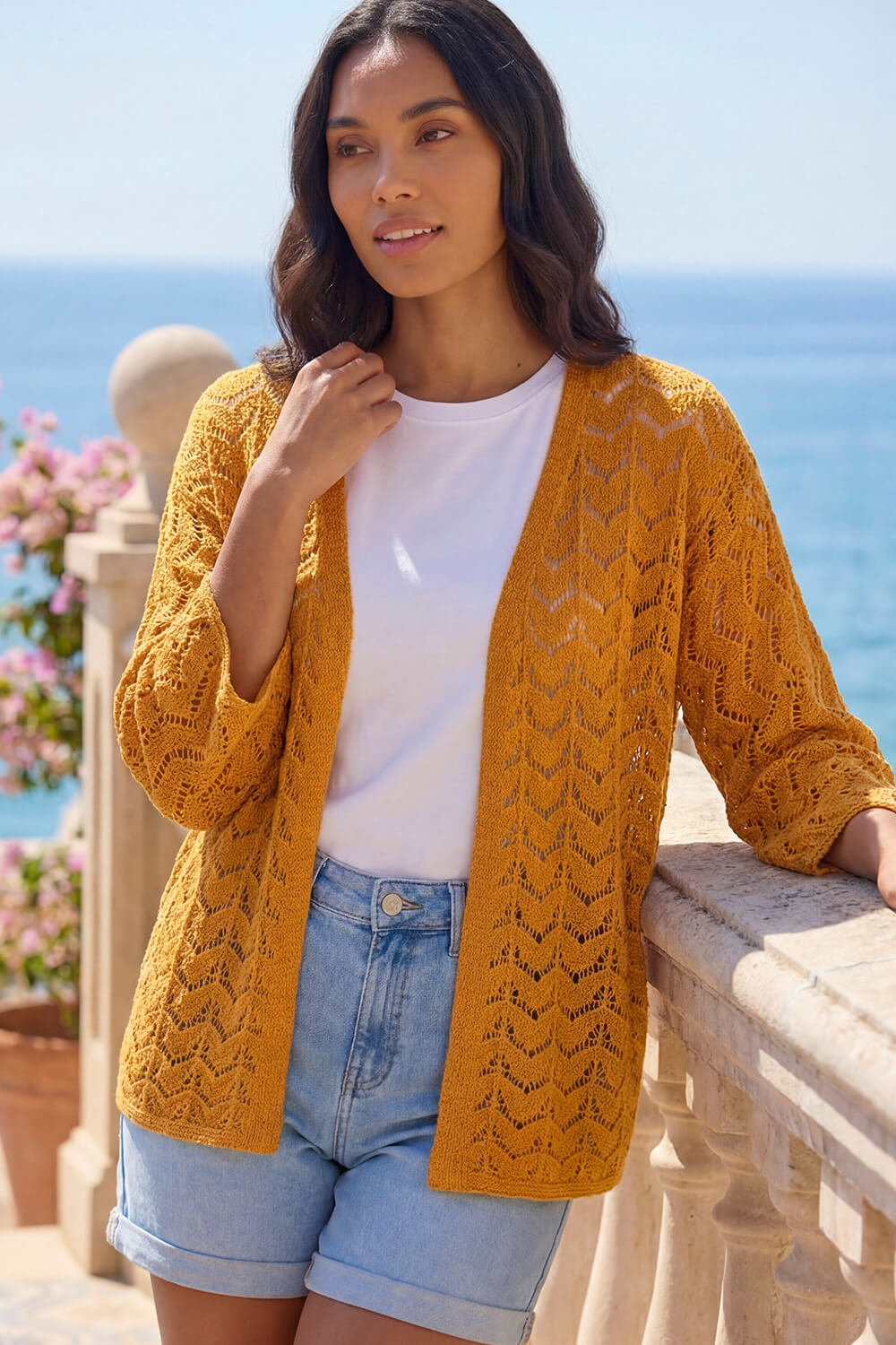 Orange Wave Stitch Detail Knit Cardigan, Image 1 of 4