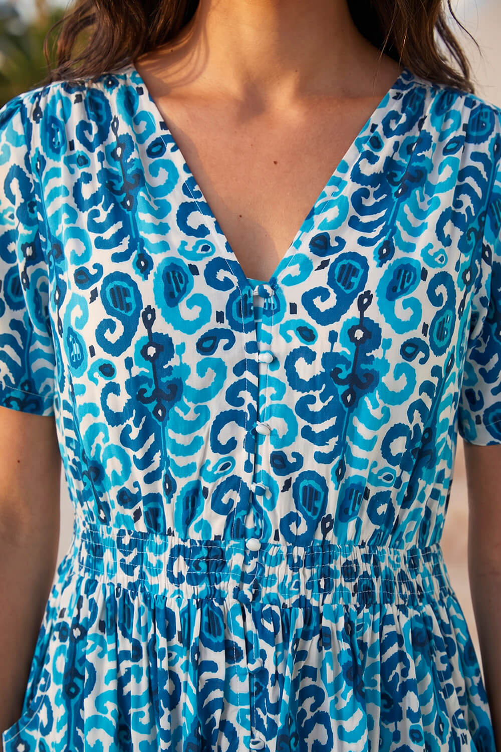 Blue Petite Aztec Print Button Midi Dress , Image 5 of 4