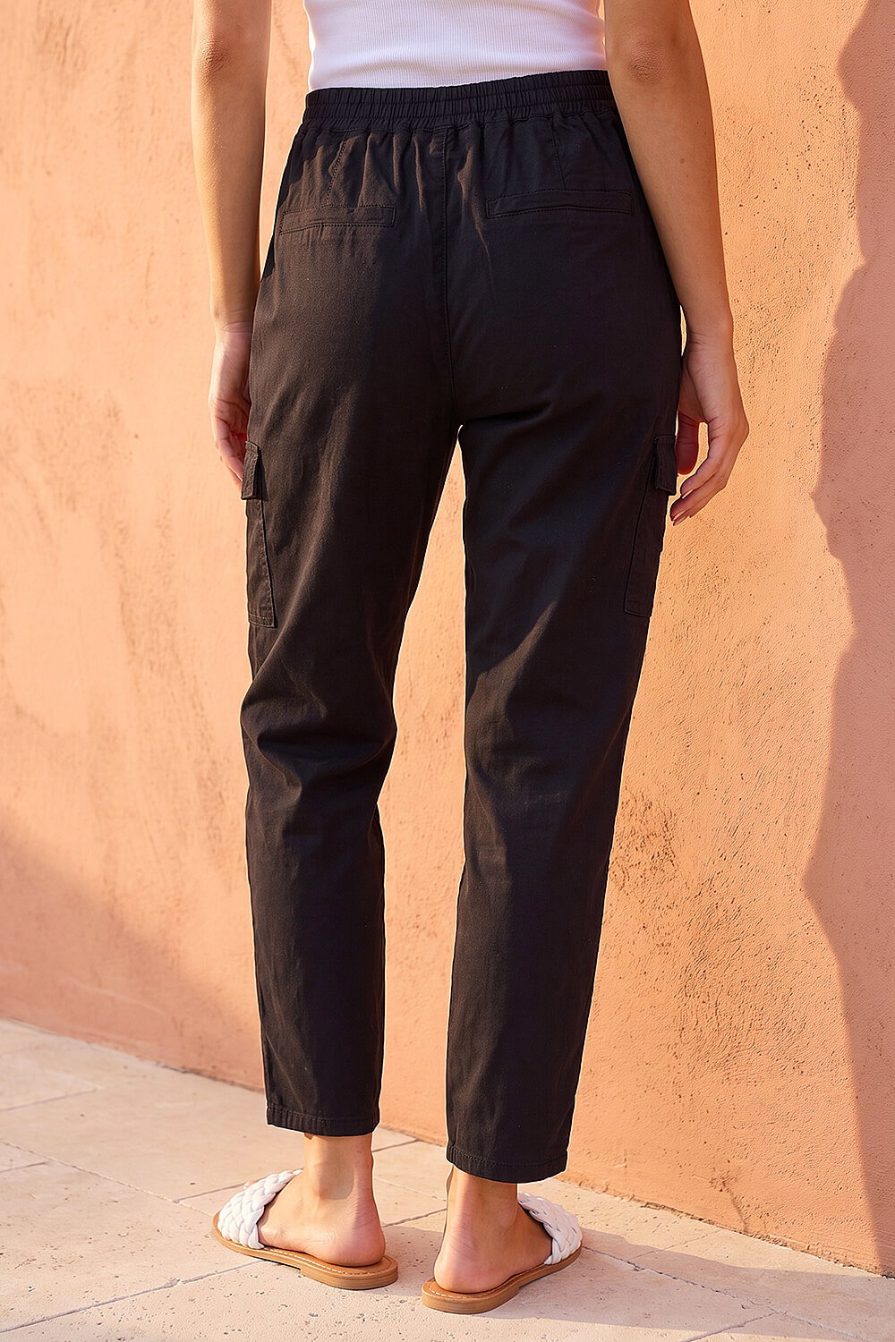 Black Casual Elastic Waist Cargo Stretch Trousers, Image 4 of 4
