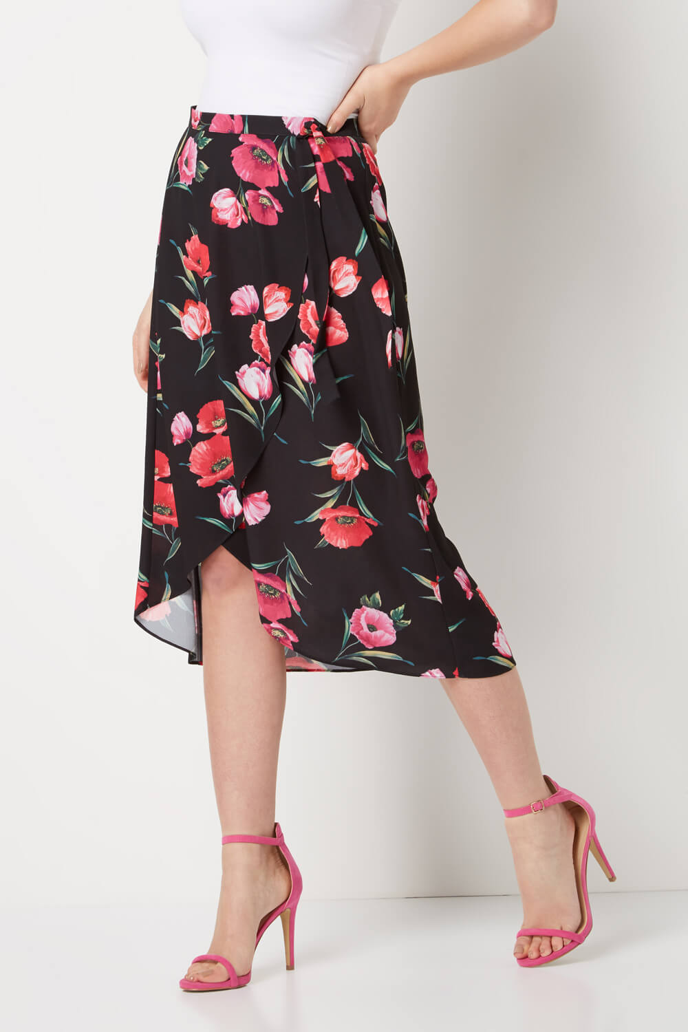 Black Floral Print Wrap Skirt, Image 3 of 5