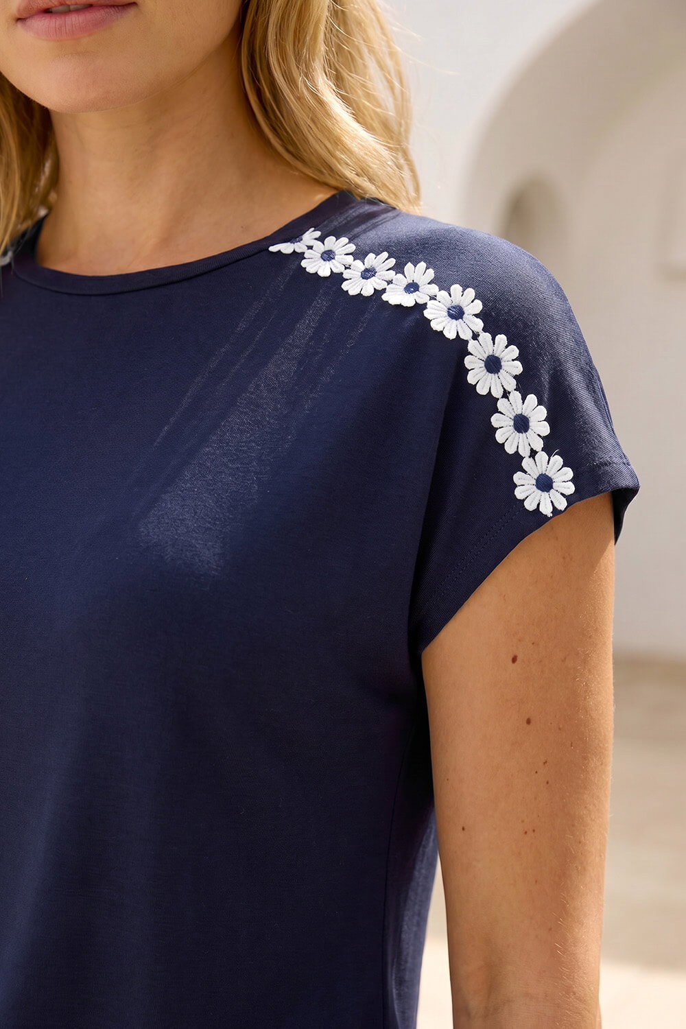 Navy Daisy Shoulder Trim T-Shirt, Image 5 of 4