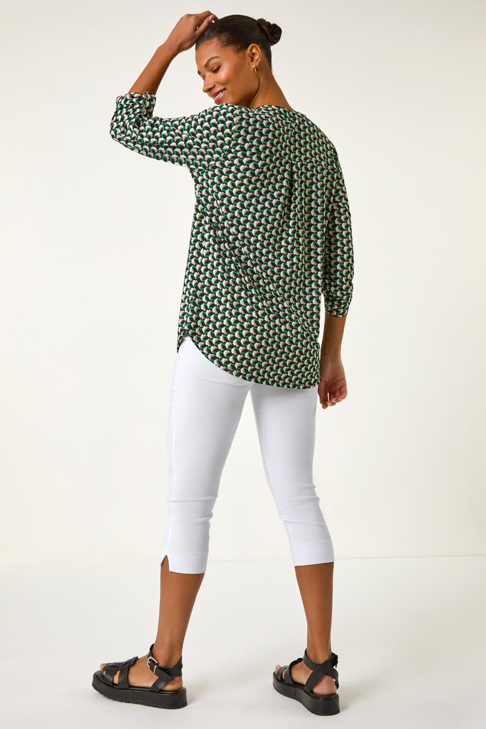 Green Abstract Print V-Neck Button Stretch Shirt, Image 4 of 5