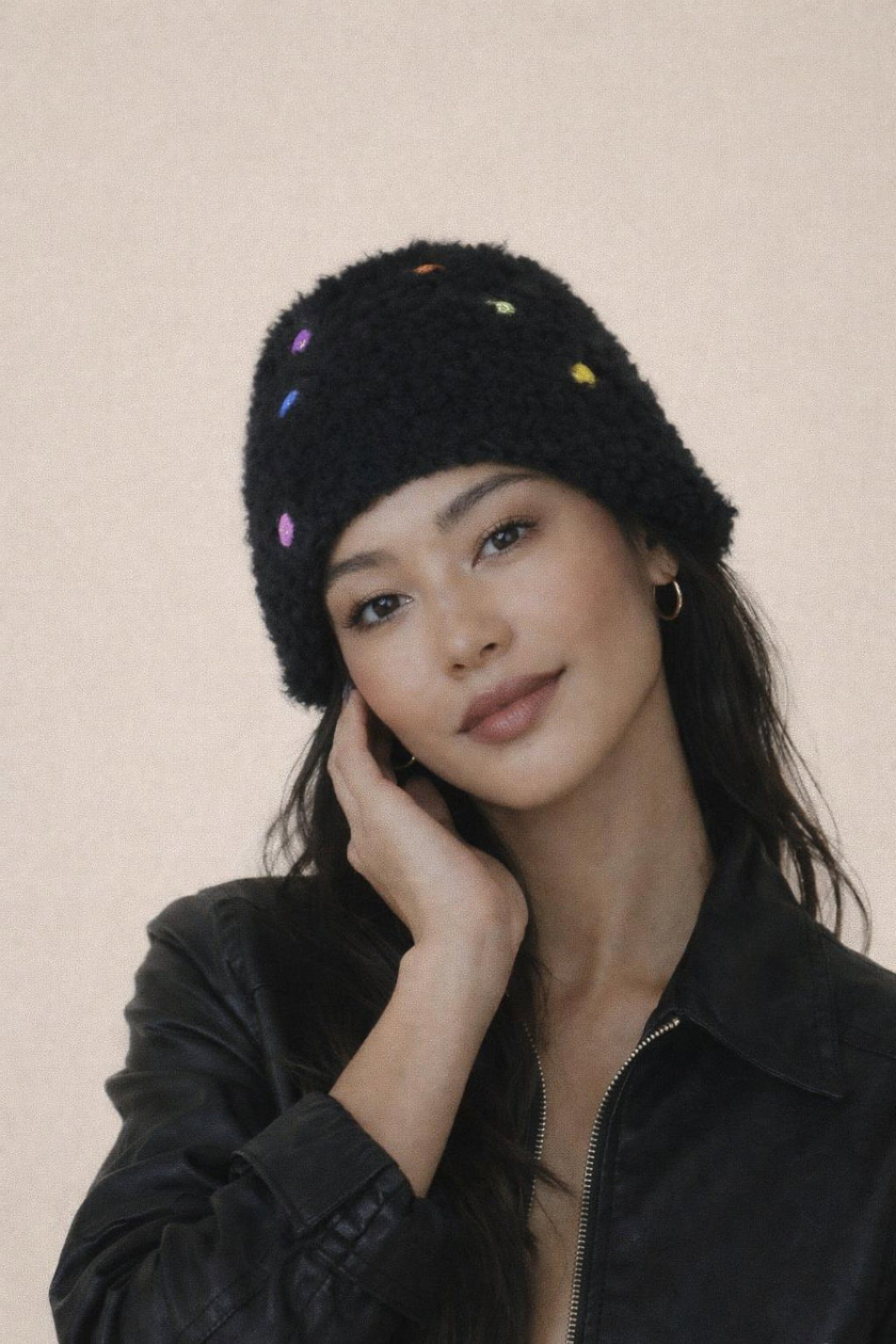 Black Beanie with Multicolour Buttons, Image 1 of 3