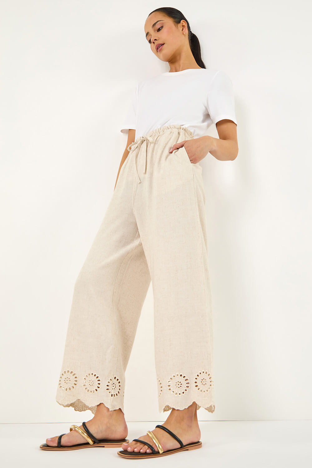Natural  Petite Embroidered Hem Trouser, Image 1 of 5