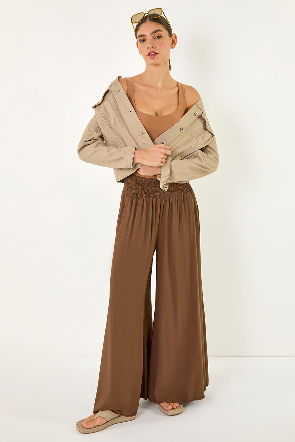 Chocolate Relaxed Ruched Wide Leg Trouser, Image 1 of 5
