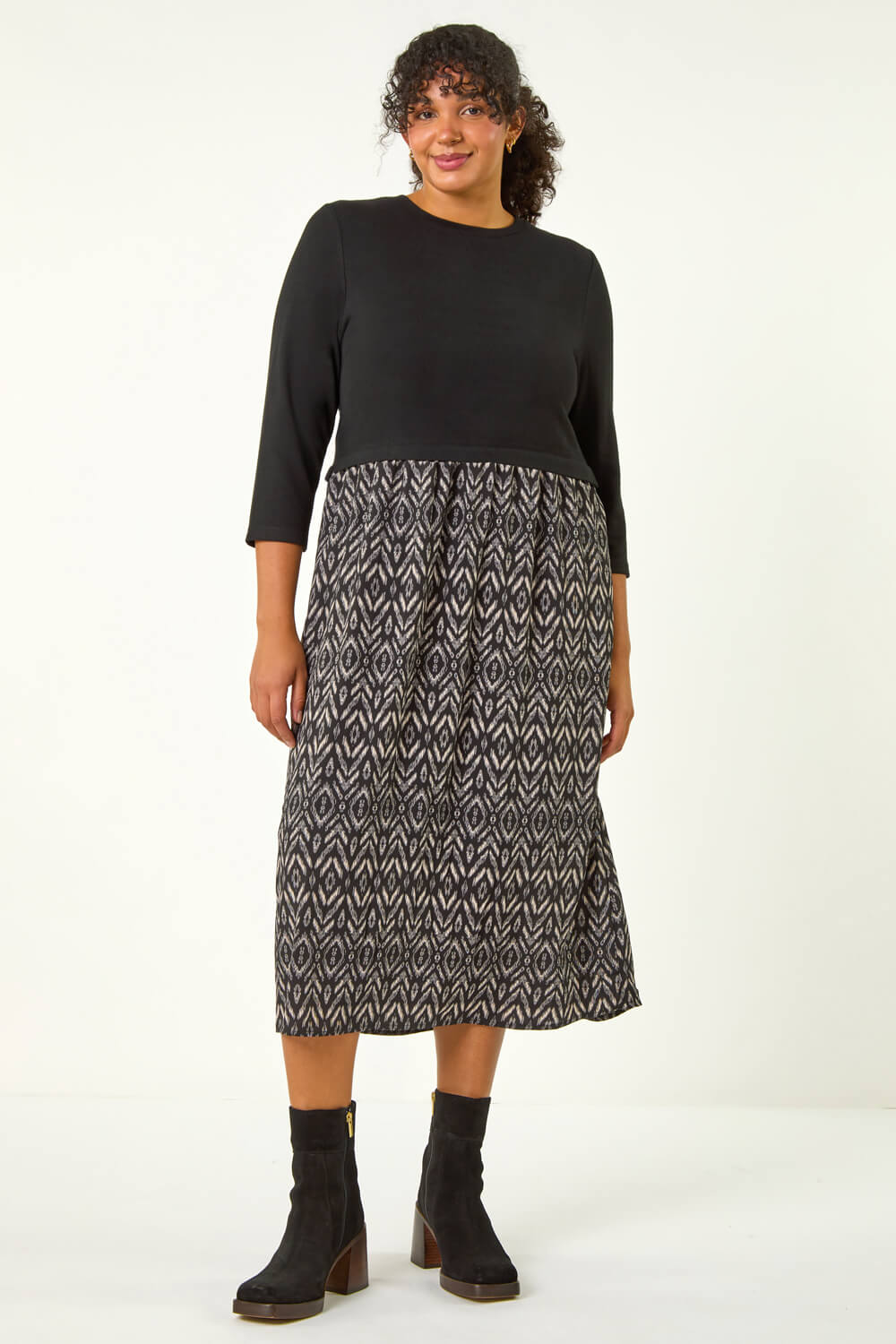 Charcoal Curve Contrast Print Skirt Midi Dress, Image 3 of 5