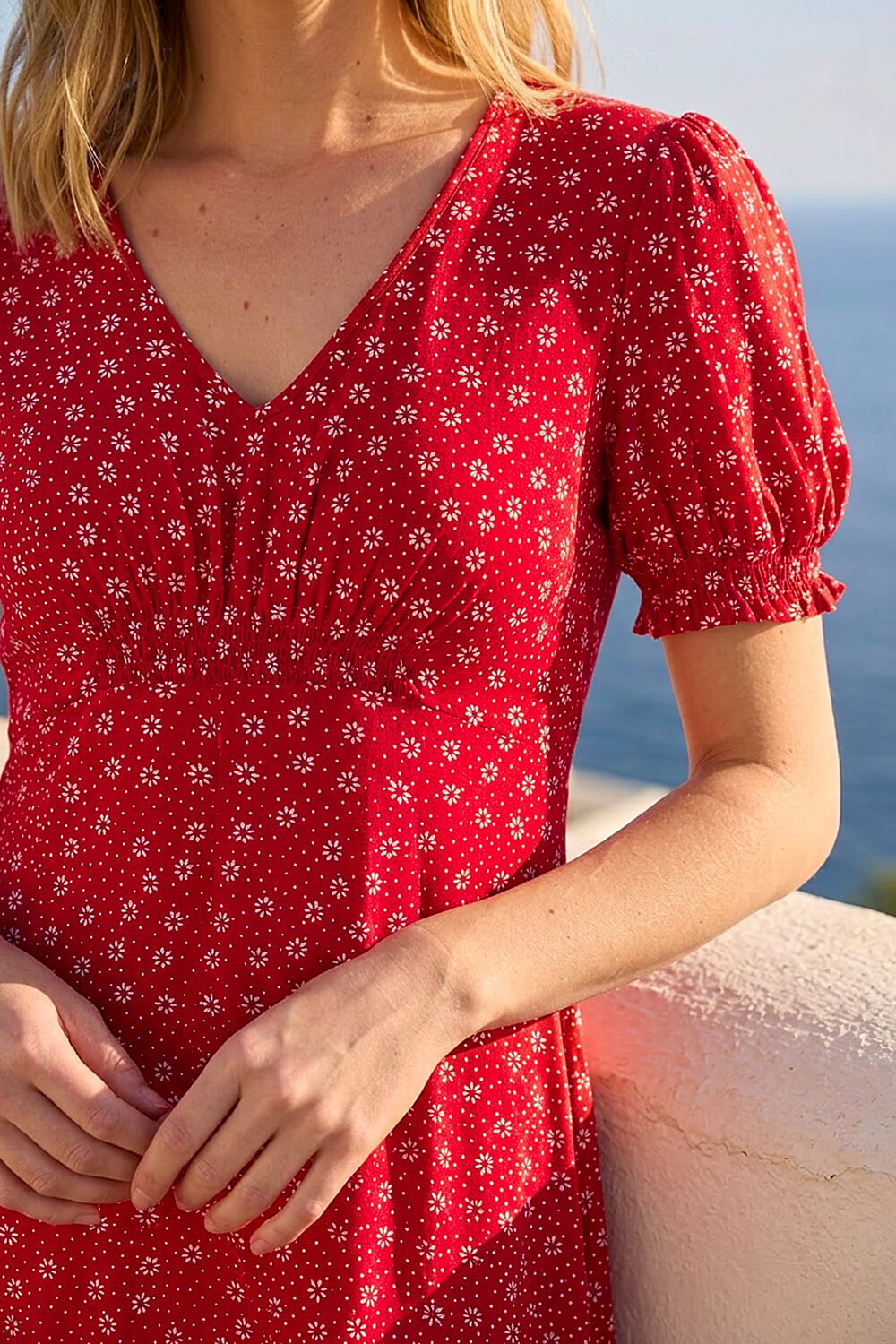 Red Spot Print Gathered Stretch Dress, Image 5 of 4
