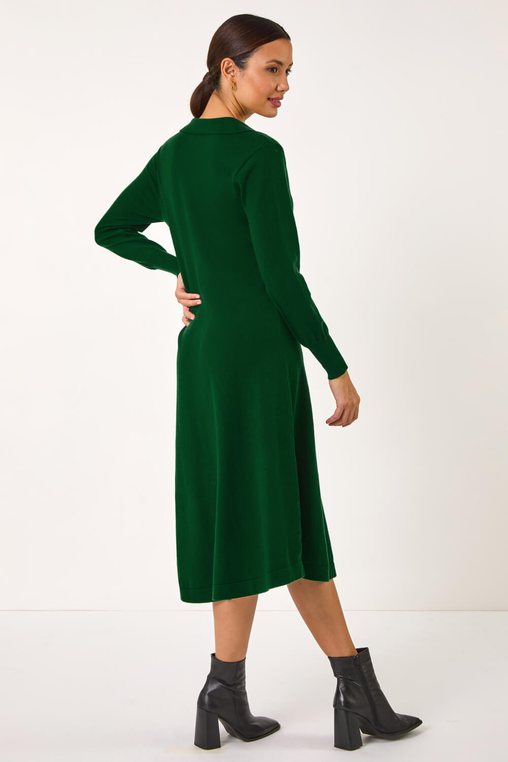Dark Green Scallop Detail Knitted Midi Dress, Image 4 of 5