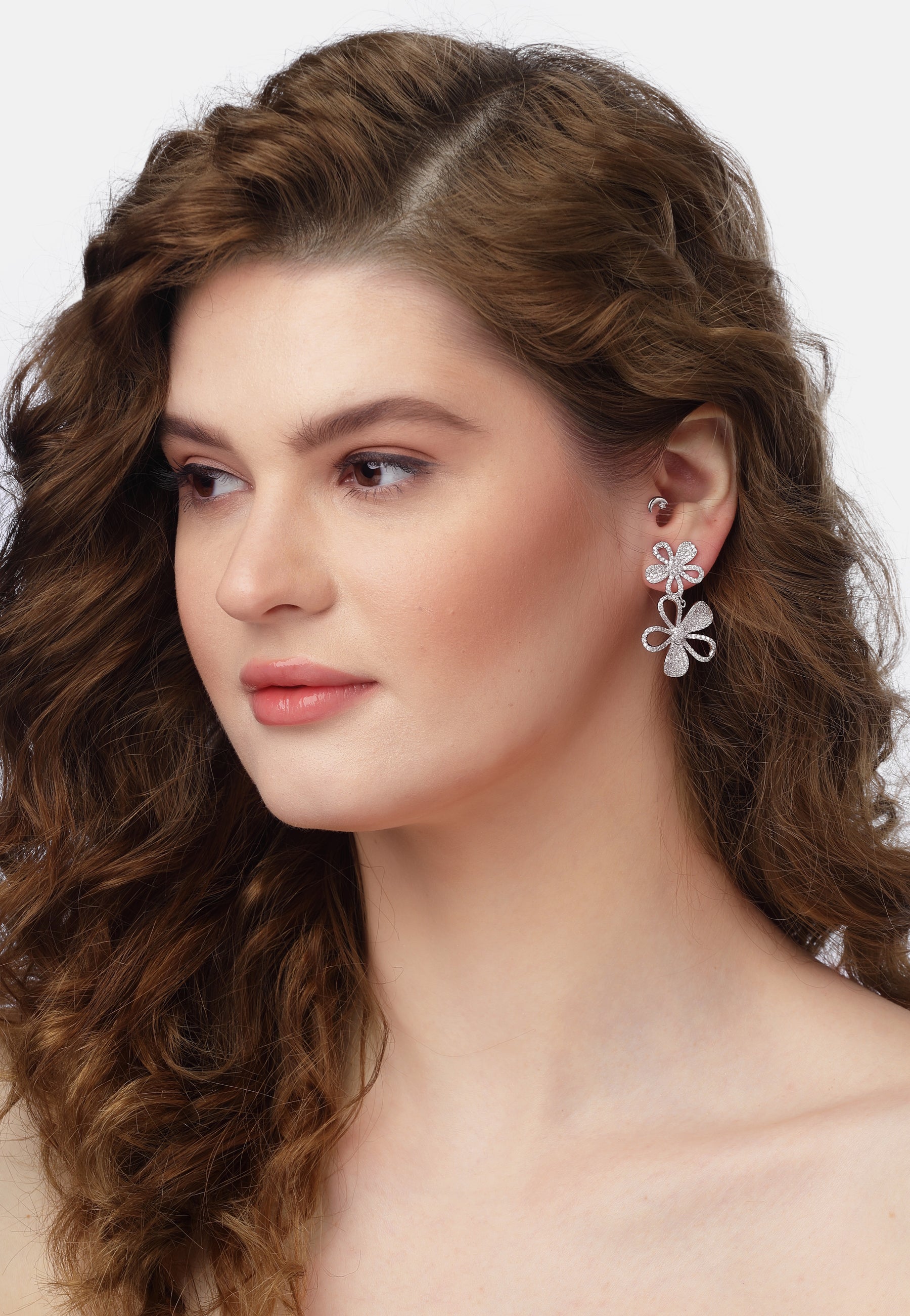 Silver Double Floral Drop Earrings, Image 4 of 5