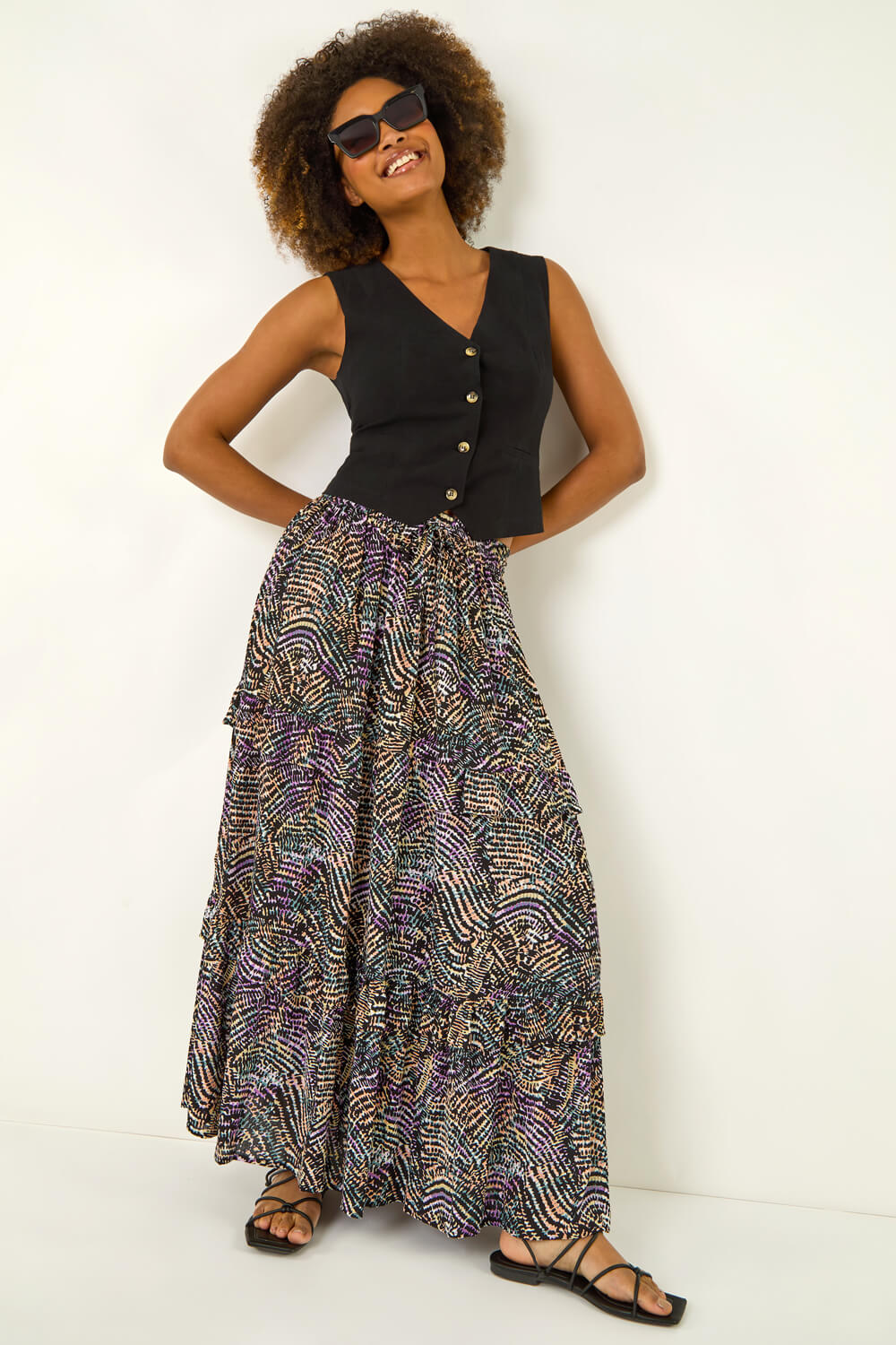 Long skirt with contrast waistband Black