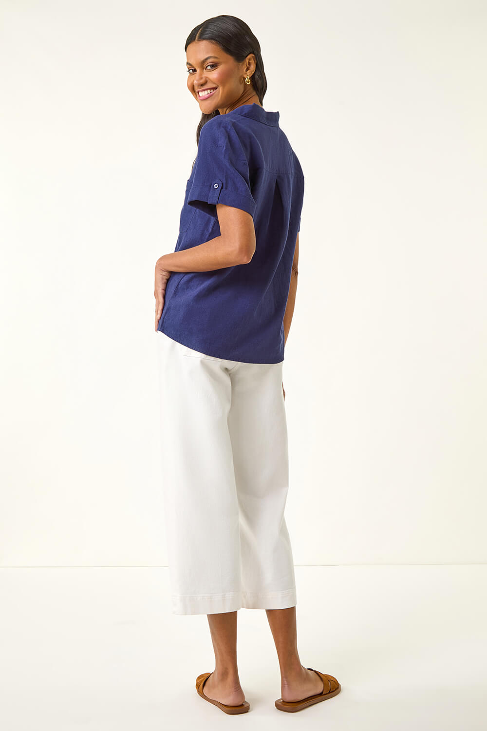 Navy Linen Blend Collared Shirt, Image 4 of 5