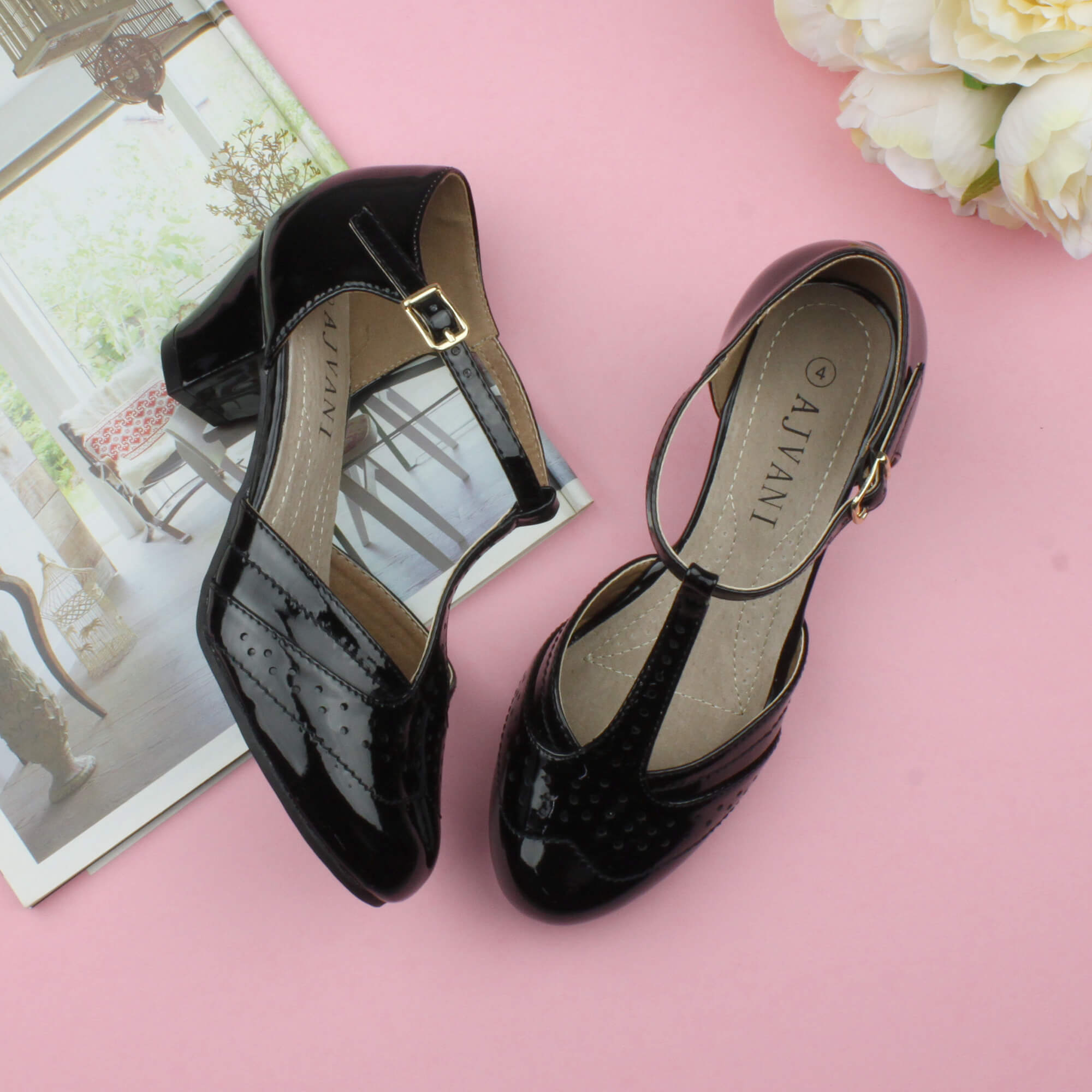 Black AJVANI Black Mid Heel Comfort T-Bar Brogue 2 Part Heels, Image 4 of 6