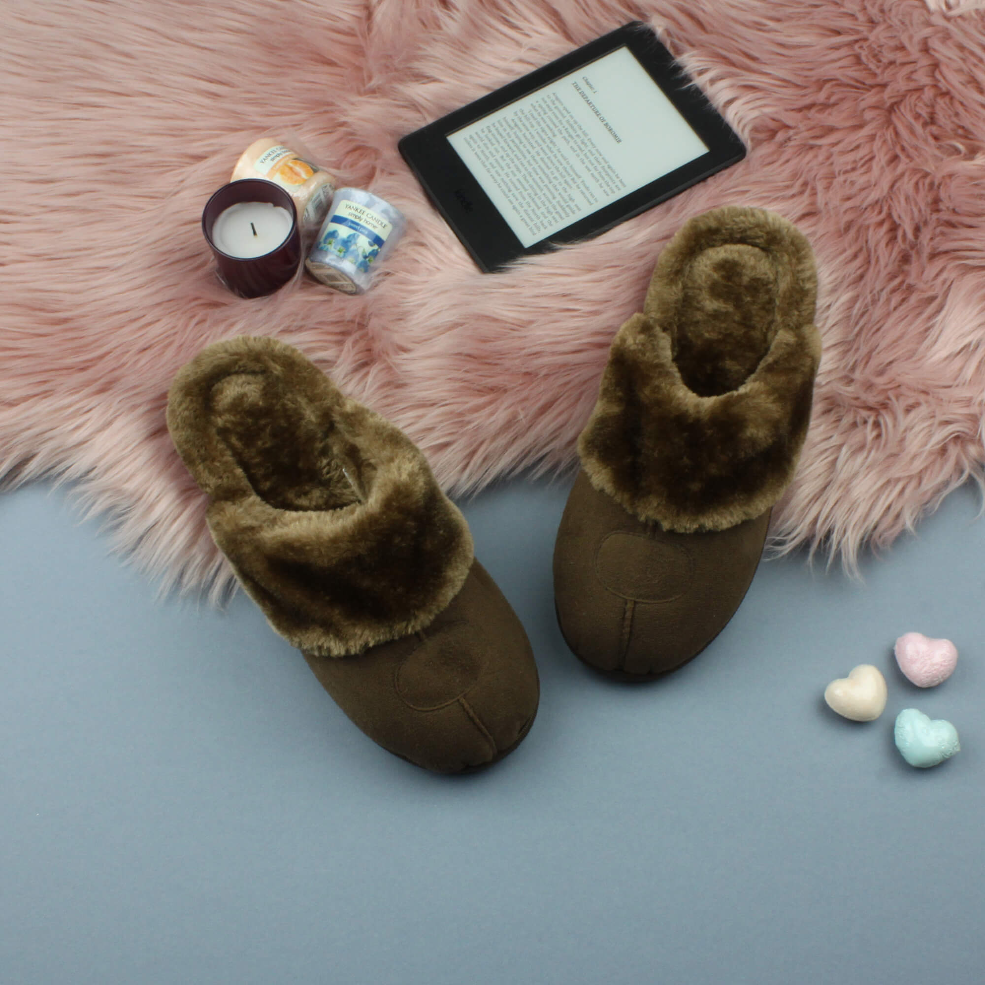 Brown AJVANI Brown Faux Fur Lined Slip On Memory Foam Mules Slippers, Image 3 of 5