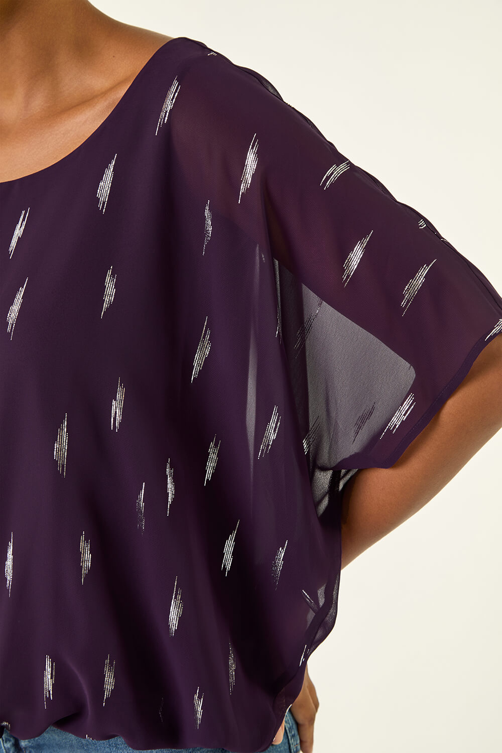 Purple Foil Print Bubble Hem Top, Image 6 of 5