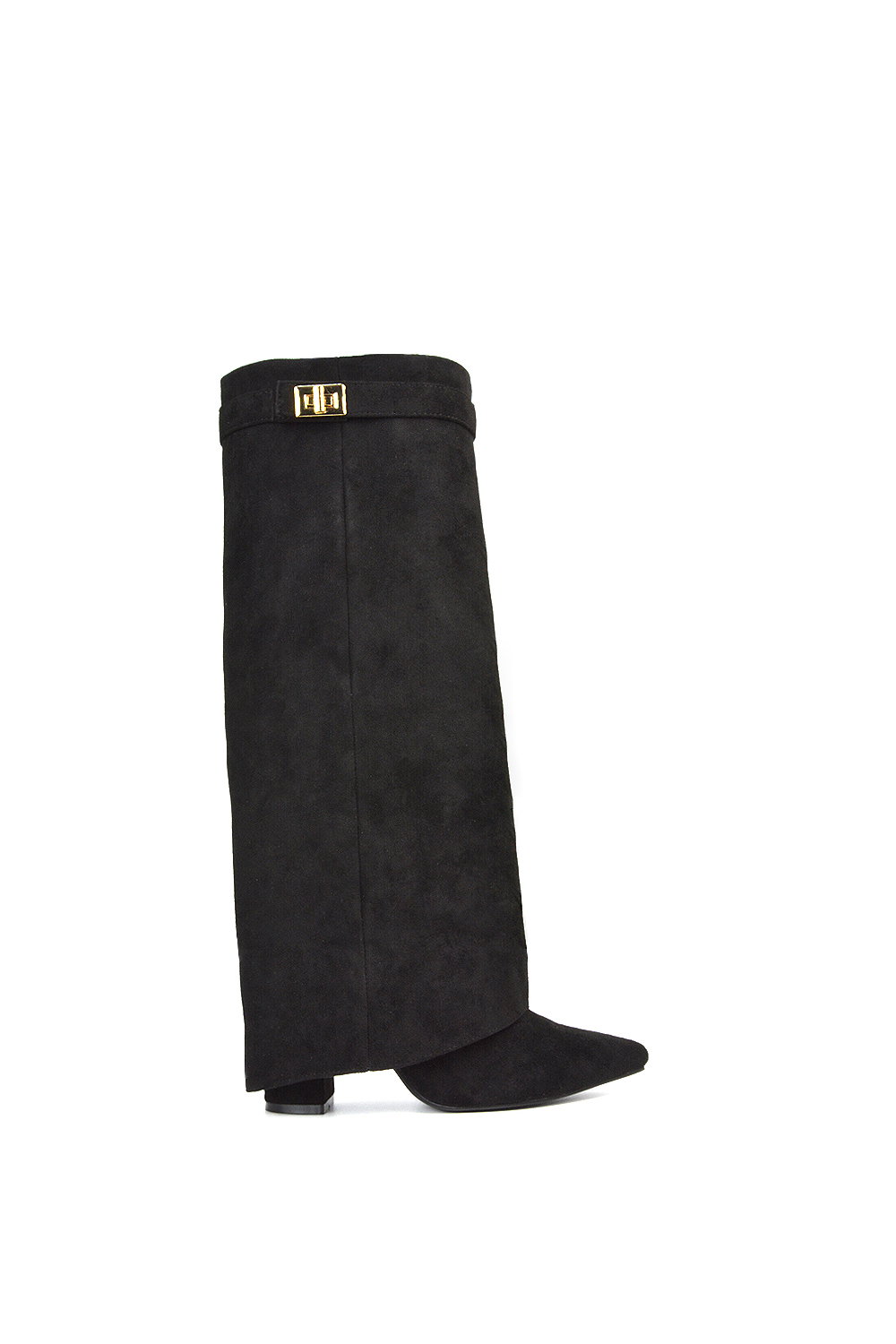 Black 'Rayna' Block Heel Knee High Foldover Boots With Pointed Toe